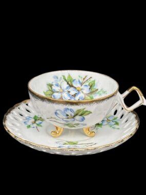 Vintage Japan Cherry China Art Deco Blue Floral Gold Trim Footed Teacup Saucer